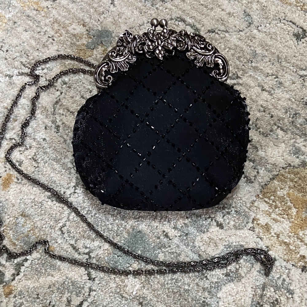 Jessica McClintock Black Satin and Beaded Quilted Crossbody with Silver Accents